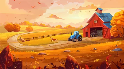 Gordijnen A cartoon autumn farm scene with a red wooden barn and a blue tractor on the road in a field at sunset or sunrise. Yellow and orange sky in the background. Ranch with houses and transportation. © Mark