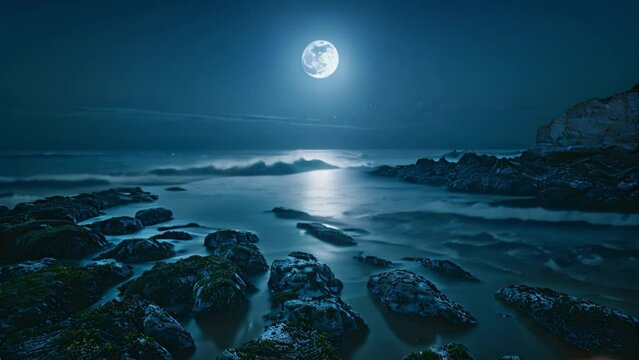 seascape at night with full moon over sea