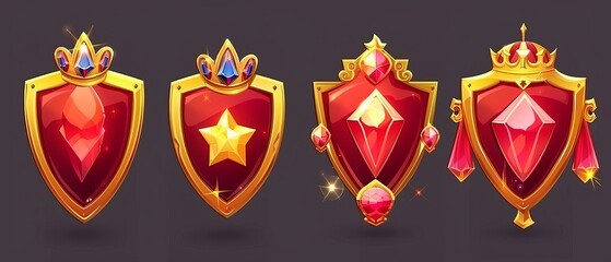 An evolution stage of a trophy medal or emblem with a red shield shape, star, golden frame, gemstones, and crown decorations. Cartoon modern set.