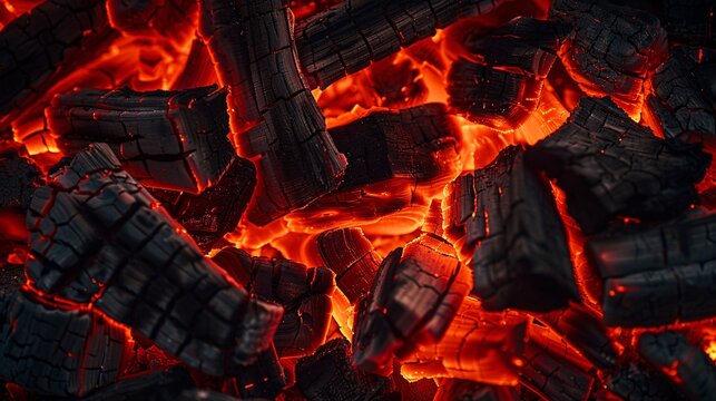 A home fire with burning wood and glowing embers in a vibrant red.