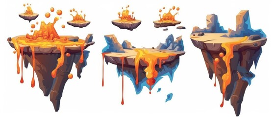 A set of flying pieces of ground for level maps and gui jumps with floaty islands of rocky land with hot orange lava liquid. - obrazy, fototapety, plakaty
