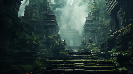 Naklejka premium An ancient temple hidden in a foggy jungle