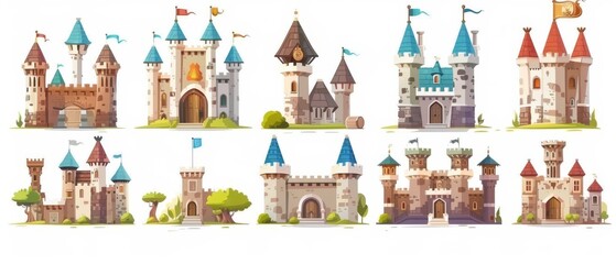 Isolated medieval castles with flags on roofs, windows and wooden gates. Stone walls, fantasy kingdom fortress, ancient stronghold.
