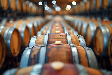 Rows of Wine Barrels in a Wine Cellar - obrazy, fototapety, plakaty