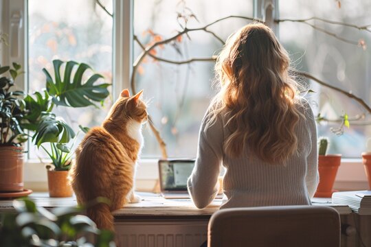 A female student working remotely at home with a feline companion by her side.