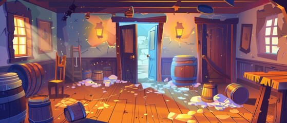 This cartoon depicts a primitive tavern that has been destroyed after a fight between cowboys. It has a broken door, broken chairs, crushed glass bottles, cobwebs, and garbage strewn around the - obrazy, fototapety, plakaty