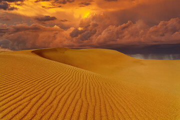 Fototapeta na wymiar Dramatic sunset over the sand dunes in the desert. Namib desert.
