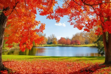 Schilderijen op glas A beautiful autumn scene with a lake and trees © BetterPhoto