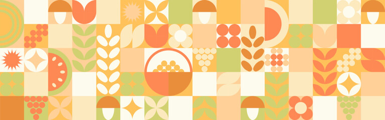 Autumn geometric background, yellow and orange ornament with leaves and mushrooms. Mosaic seamless pattern in earthy tones.	