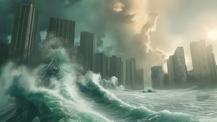 Gordijnen Giant Tsunami rolling towards a modern City © Thomas