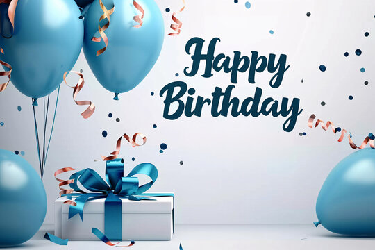 Happy birthday for you with gift boxes and balloons, birthday party balloons, balloons and confetti card background mockup, blue gift box with ribbon
