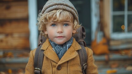 A young student in uniform enters, an adorable blond boy with a backpack.