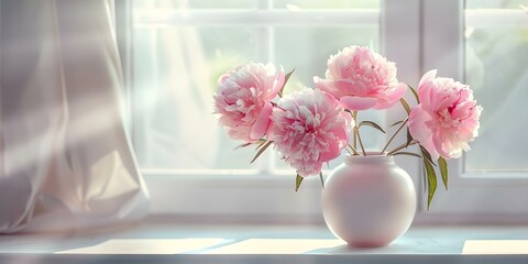 Product Display: Sunlit Peonies in Vase on Windowsill Against White Backdrop. Concept Product Display, Sunlit Peonies, Vase, Windowsill, White Backdrop