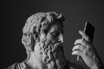 Zeus statue with smartphone, a monochromatic fusion of antiquity and the digital era. Black and white - obrazy, fototapety, plakaty