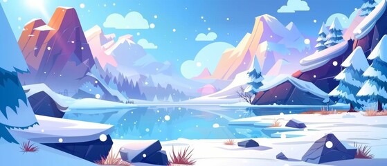 Polar landscape with frozen lake near rocky mountains in blue sky with clouds. Cartoon modern panoramic scene with snow covered pond near high mountains.