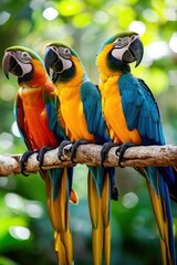 Three colorful parrots are perched on a branch