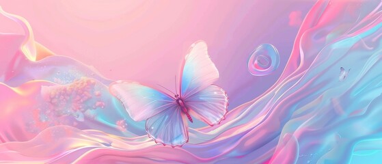 A retro futuristic 2000s style banner template using abstract simple shapes and tribal butterfly ornaments set against a pastel pink and blue aura gradient background.
