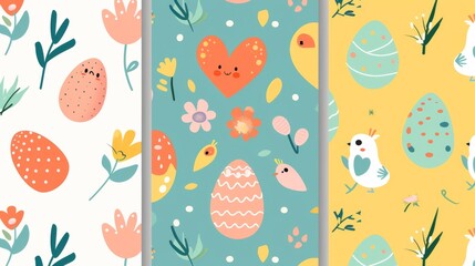 Happy Easter seamless pattern modern. Set of square cover design with easter egg, flower, chick, heart. Spring season repeated in fabric pattern for prints, wallpaper, covers, packaging, kids,