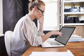 Woman, laptop or phone call in business, project or checking feedback, review or communication....