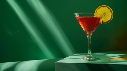 Cosmopolitan cocktail on podium on green background. Glass of alcoholic drink