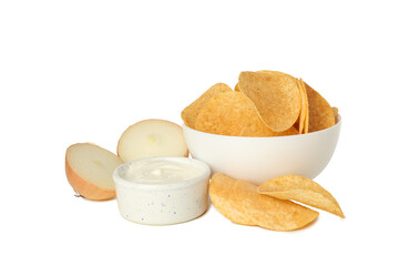 PNG, Potato chips in a bowl with sauce, isolated on white background