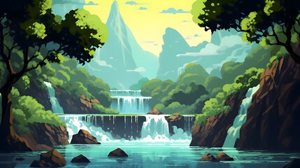 beautiful waterfall and flowing river illustration