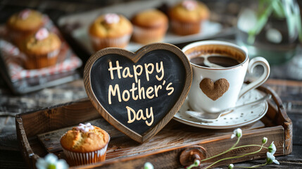 Happy Mother’s Day" written in a heart-shaped blackboard placed in a cup of coffee, with some muffins in the background in a set table for breakfas