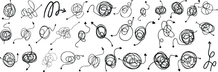 Scribble arrow vector illustration, chaotic, messy, hand drawn, abstract, design element, visual interest, direction, attention, enhance, pattern, texture, swirl, curve, spiral, motion, dynamic