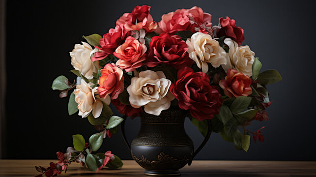 Artificial rose flowers bouquet in vase on a table
