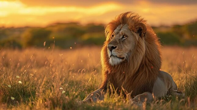 Savannah Sovereign: Lion in the Morning Glow Seamless looping 4k time-lapse virtual video animation background. Generated AI