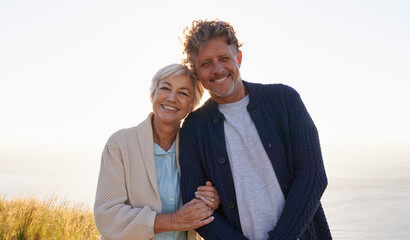 Smile, hill and portrait of senior couple in nature for sunset walk, travel or retirement vacation....