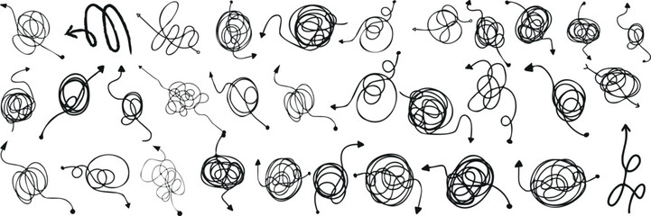 Abstract black ink doodle scribble arrow, chaotic creativity, brainstorming artistry, quick sketch session, unstructured imagination, ideal for educational designs, enhances inspiration.