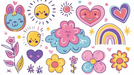 Funky groovy modern set with cartoon characters, flower, heart, cloud, bubble, hello. Cute retro groovy hippie design for decorative, sticker, kids, clipart, and more.