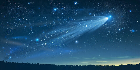 A bright blue comet in night sky,space