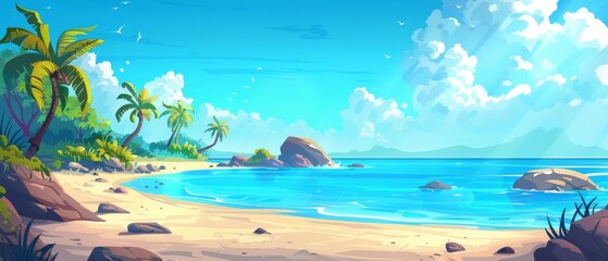 Fototapeta na wymiar Sunny tropical coast landscape with calm blue water, sand, rock, palm trees and an empty sky full of clouds. Cartoon modern summer sunny day scenery of paradise ocean lagoon sandy shore.