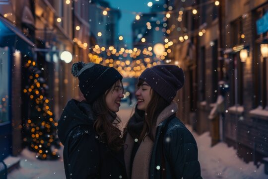 Atmospheric winter photo with two girlfriends against the backdrop of an evening alley lit by lights.
