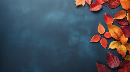 Autumn background with colored red leaves on blue slat