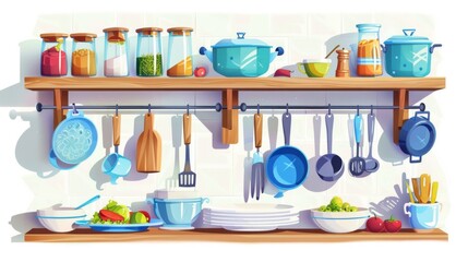Wooden kitchen shelf with standing and hanging utensils. Modern kitchenware setup - frying pan and knifes, plates and cups, food and spices in ceramic and glass bowls.