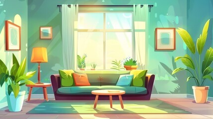 Modern living room with soft furniture and table, lamp, picture on wall, green flowers in pots, and large window. Illustration of cartoon modern of modern living room.