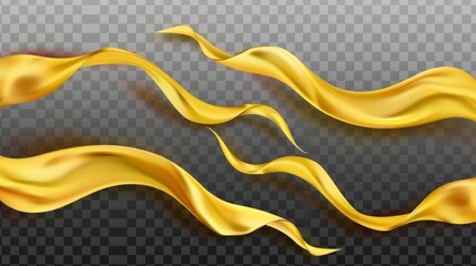Isolated set of yellow silk ribbons on transparent background. Modern realistic illustration showing golden fabric floating in the air, satin cloth waves floating on the wind, soft home textile,