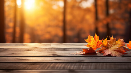 Naklejka na ściany i meble Autumn Table Orange Leaves And Wooden Plank At Sunse