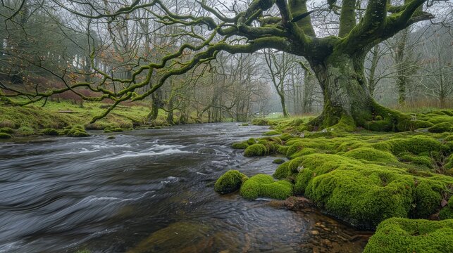  Moss covered tree in a forest next to a stream