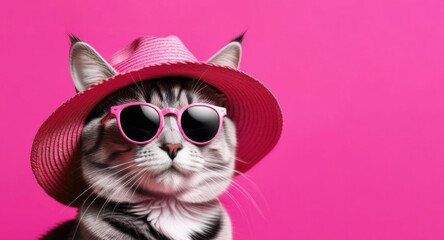 Cat in a pink hat on a pink background