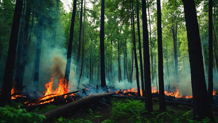 A catastrophic wildfire consuming tall trees in a forest, indicating a serious environmental issue
