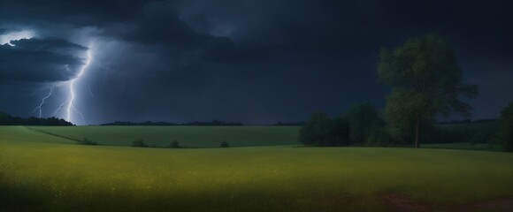 A thunderstorm at night, lightning illuminates a valley with thickets of wild grass and trees