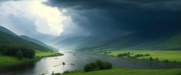 Obraz premium Spring or summer landscape with a river in a valley on the background of mountains before a thunderstorm