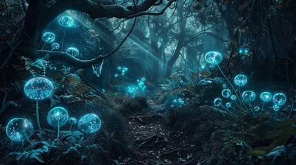 Fototapeta premium A mystical trail through an enigmatic forest, aglow with otherworldly mushrooms casting a dreamlike radiance on the underbrush.