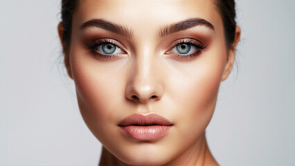 The model has well-defined makeup highlighting her expressive eyes and full lips against a subtle background