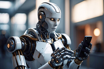 A highly detailed futuristic robot with human-like features is engaging with a smartphone