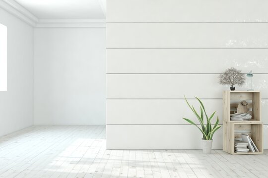 Fototapeta White empty room with home decor and green plant. Scandinavian interior design. 3D illustration